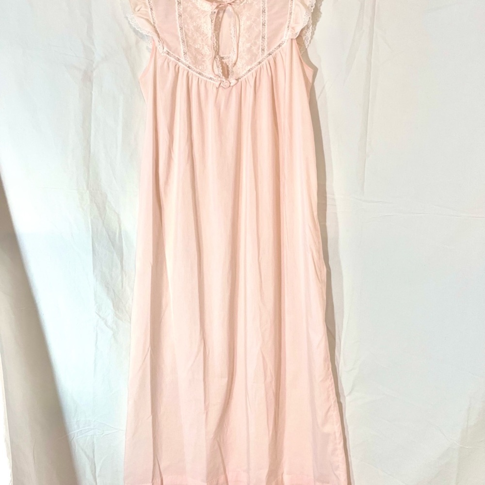Vintage Barbizon Pink Nightgown Sz S Cotton Blend Lace Inset Flutter Cap Sleeve